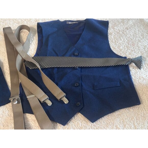 Van Heusen Boys Set Vest Pants Suspender Tie Navy Blue Size12 White Shirt Small - Picture 10 of 15